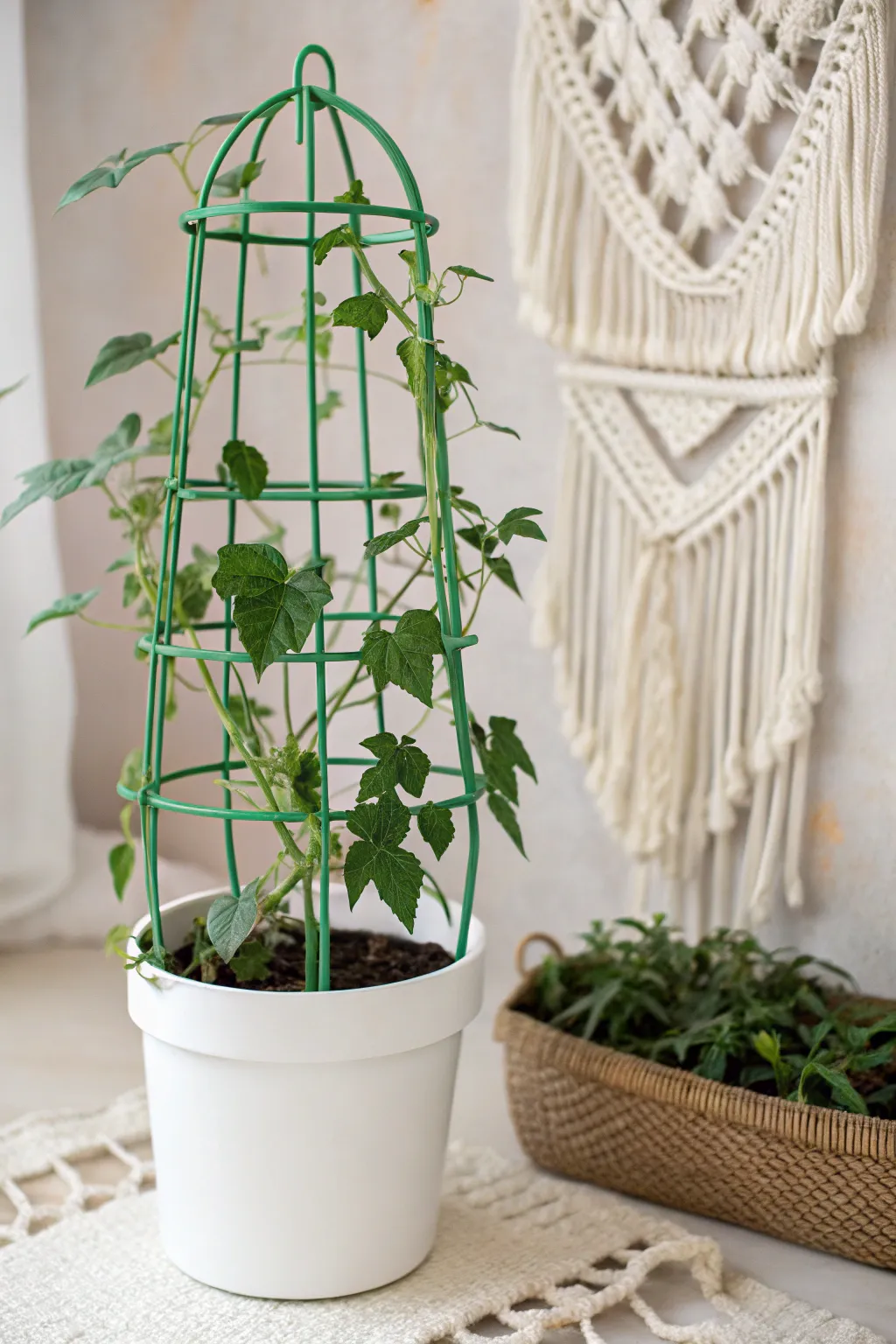 Elevate your potted plants with this simple DIY trellis idea: an upside-down tomato cage painted in vibrant green for a touch of natural elegance.
