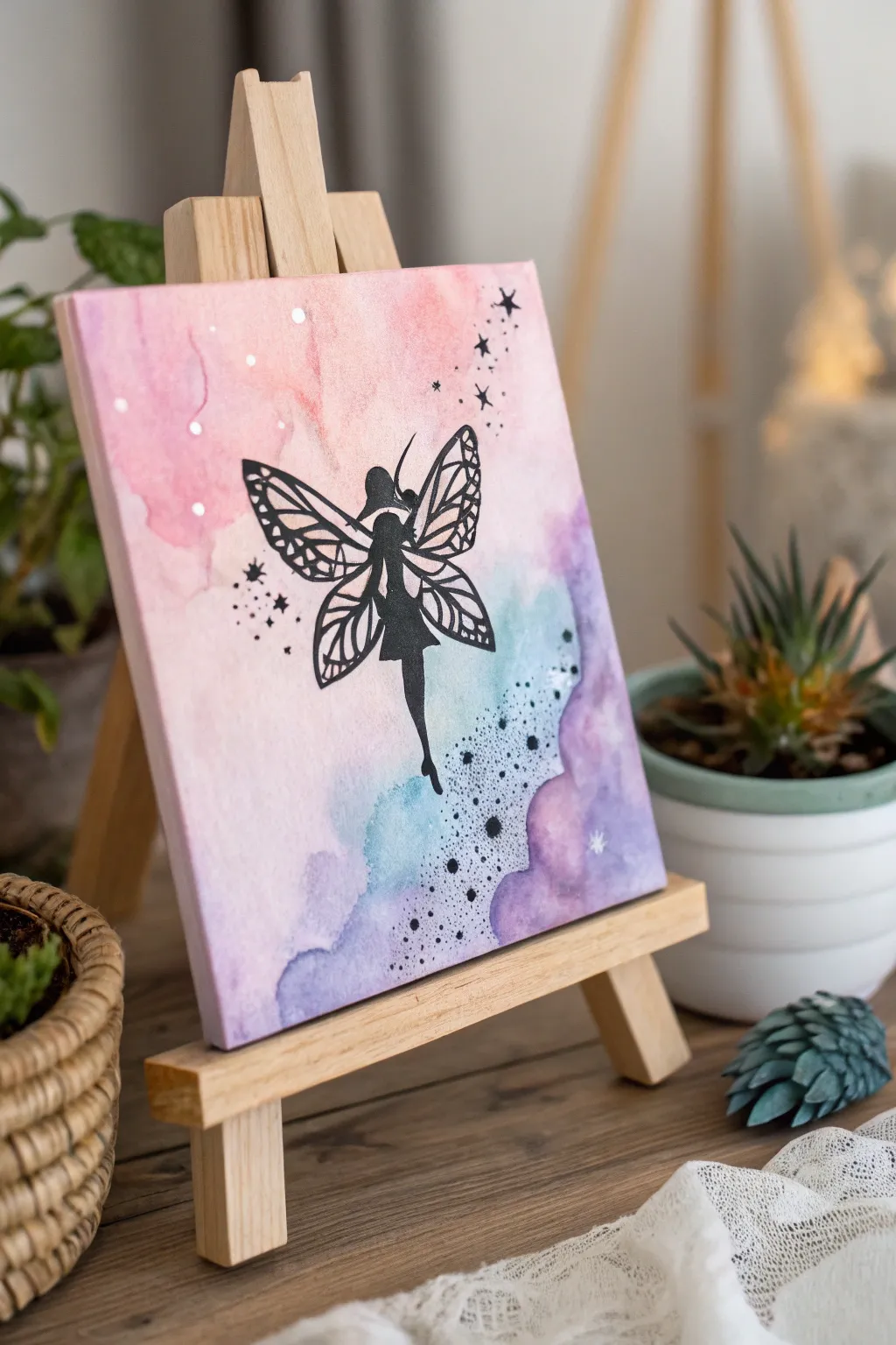 Embrace the magic of watercolor and silhouette art with this enchanting fairy design, perfect for adding a touch of whimsy to your minimalist decor.