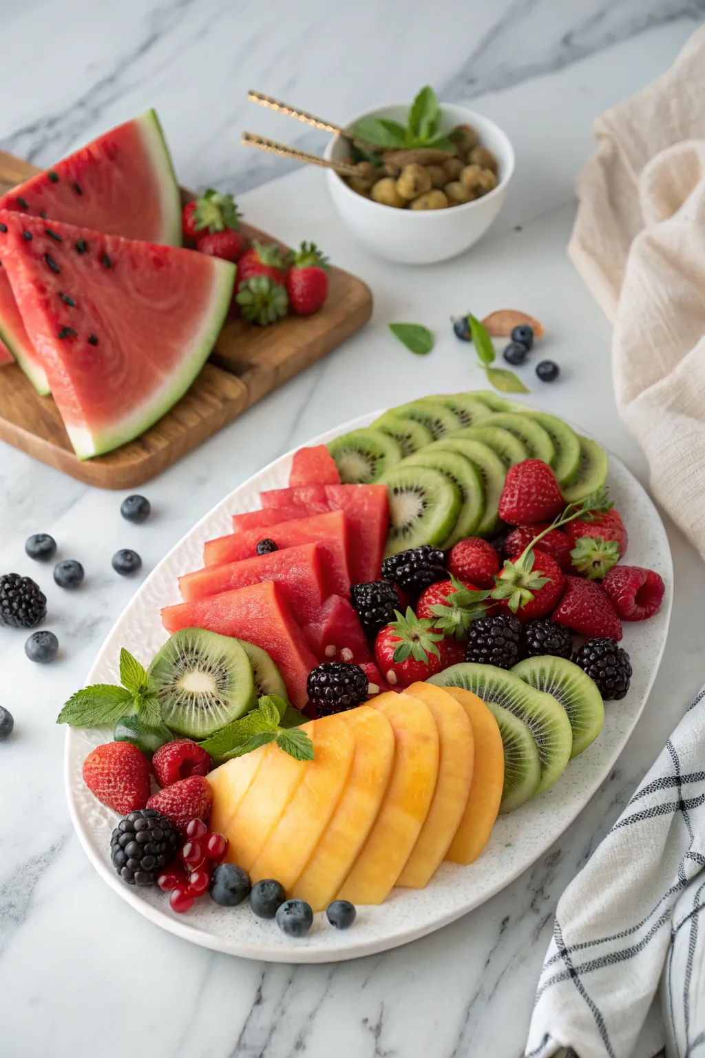 A traditional fruit platter featuring a vibrant mix of summer fruits.