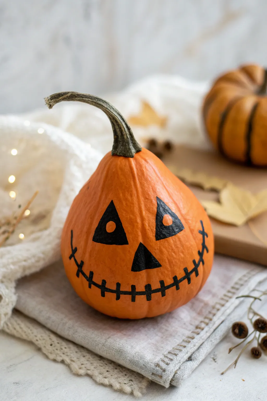 Embrace the playful spirit of Halloween with a minimalist jack-o-lantern gourd!
