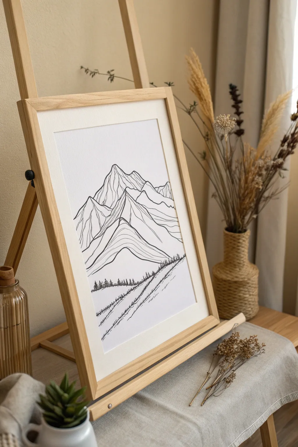 Embrace tranquility with a simple line drawing of majestic mountains, where minimalism meets nature's elegance.