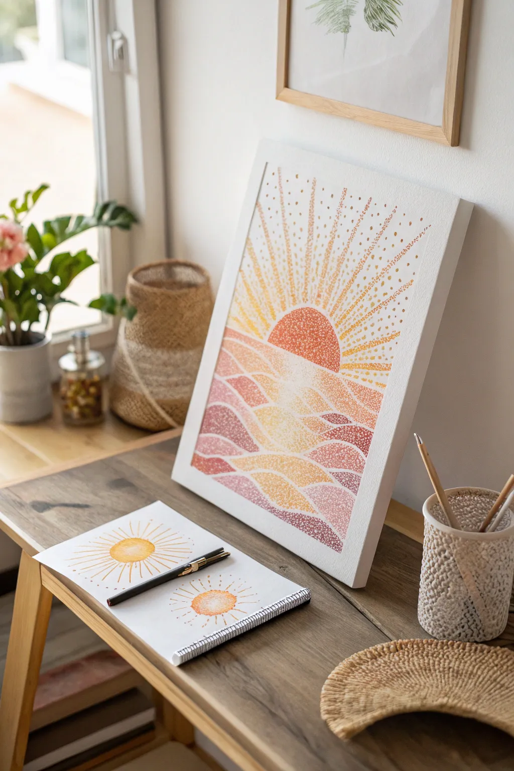 Embrace the warmth of a sun-kissed sunrise with this delicate pointillism masterpiece.