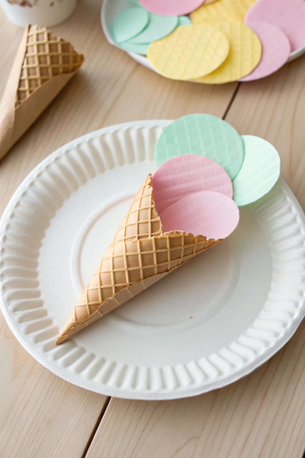 Whimsical paper plate ice cream cones: a delightful summer craft for little hands.