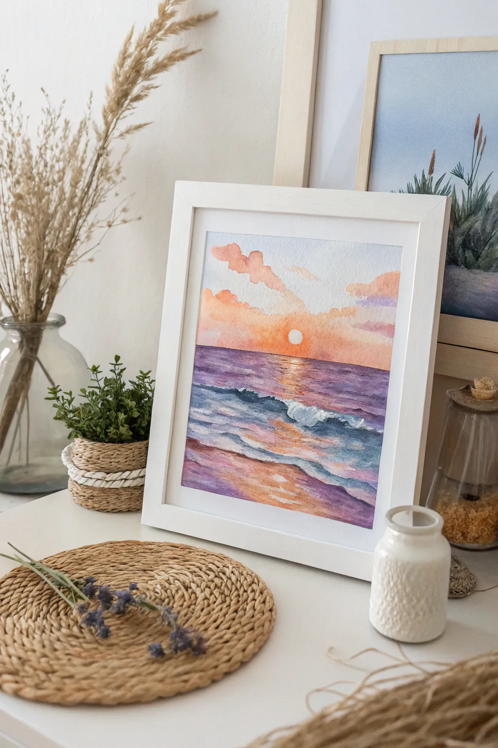 Unwind with the serene beauty of a watercolor sunset over the ocean, where simplicity meets artistry.