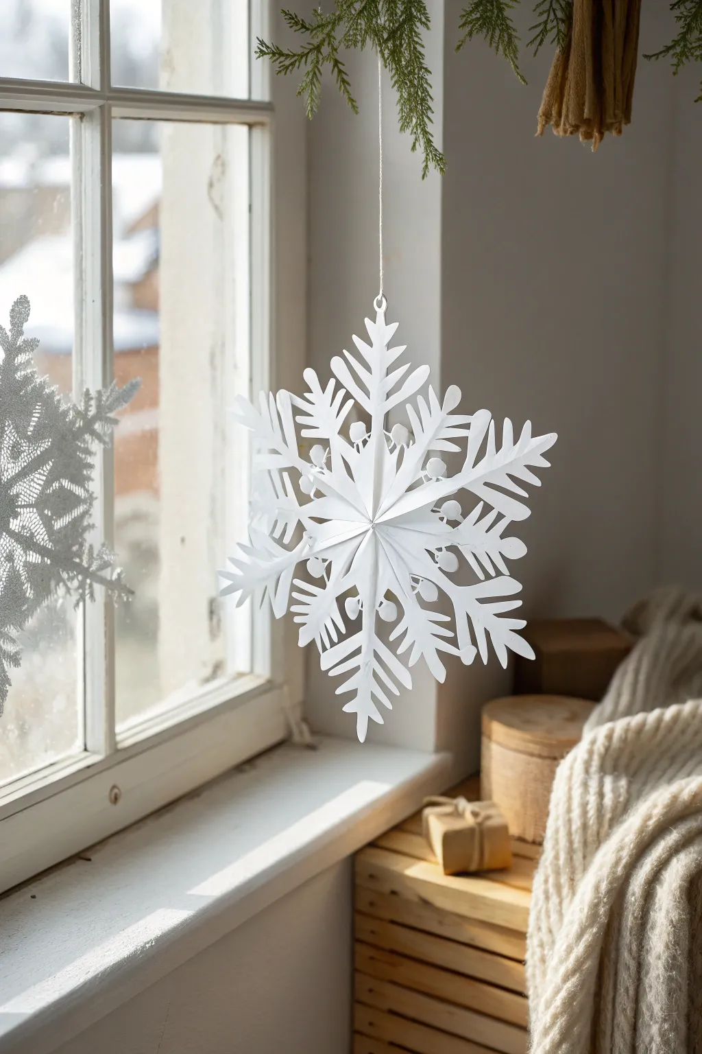 Embrace the magic of winter with handcrafted paper snowflakes, adding a touch of minimalist elegance to your space.