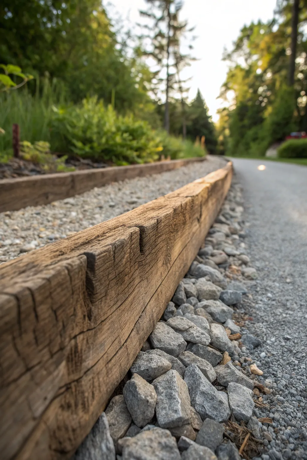 Embrace rustic elegance: Railway ties perfectly frame your gravel driveway, blending durability with natural charm.