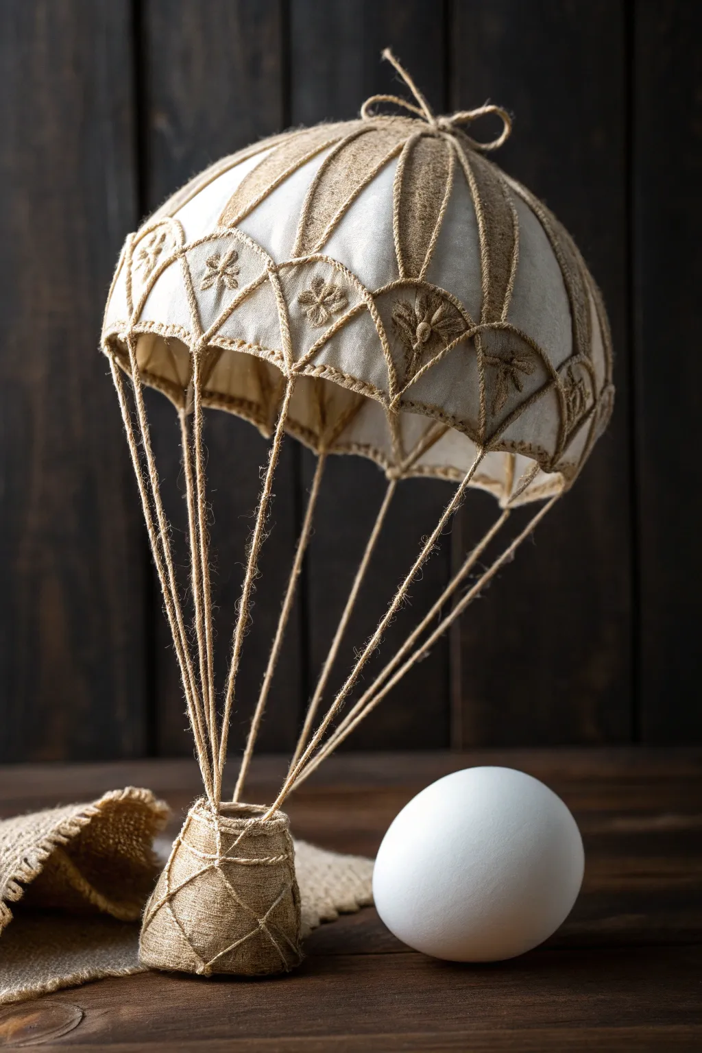 Witness the elegance of a handcrafted parachute in action, blending artistry with innovation for the perfect egg drop.