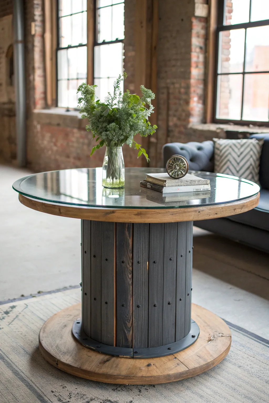 Elevate your space with a chic coffee table crafted from an industrial spool, where craftsmanship meets style.