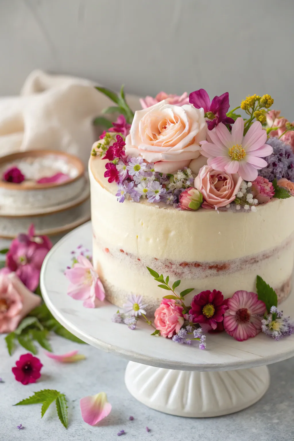 A beautifully crafted floral cake with delicate edible flower decorations.