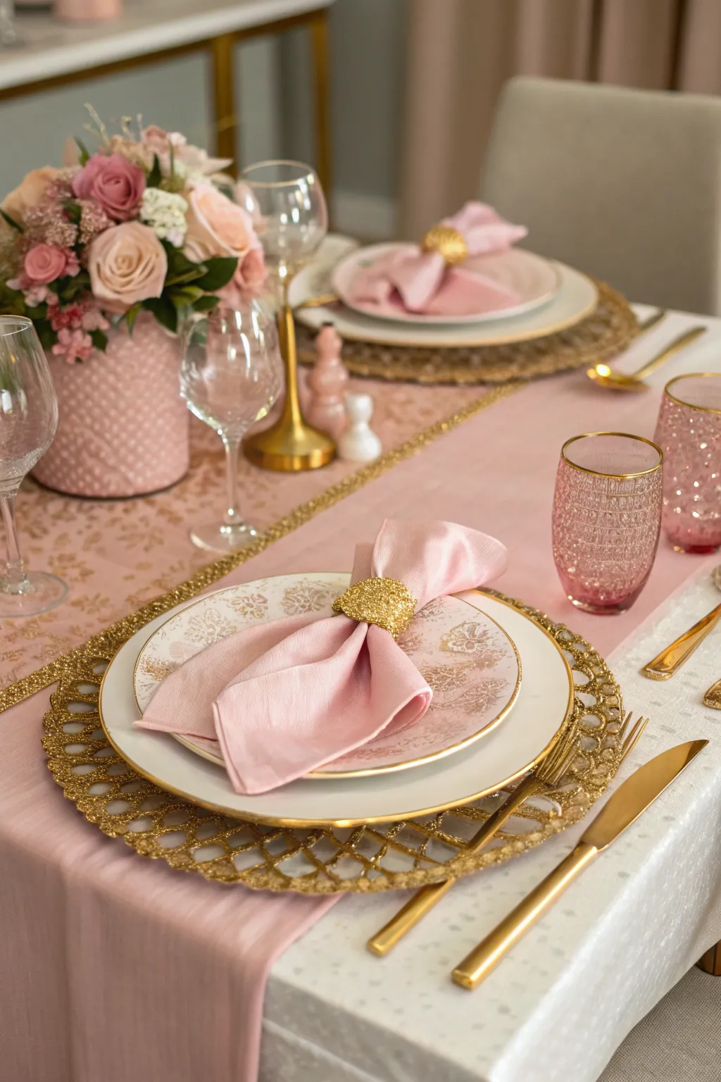 A cohesive pink and gold color scheme creates an elegant backdrop.
