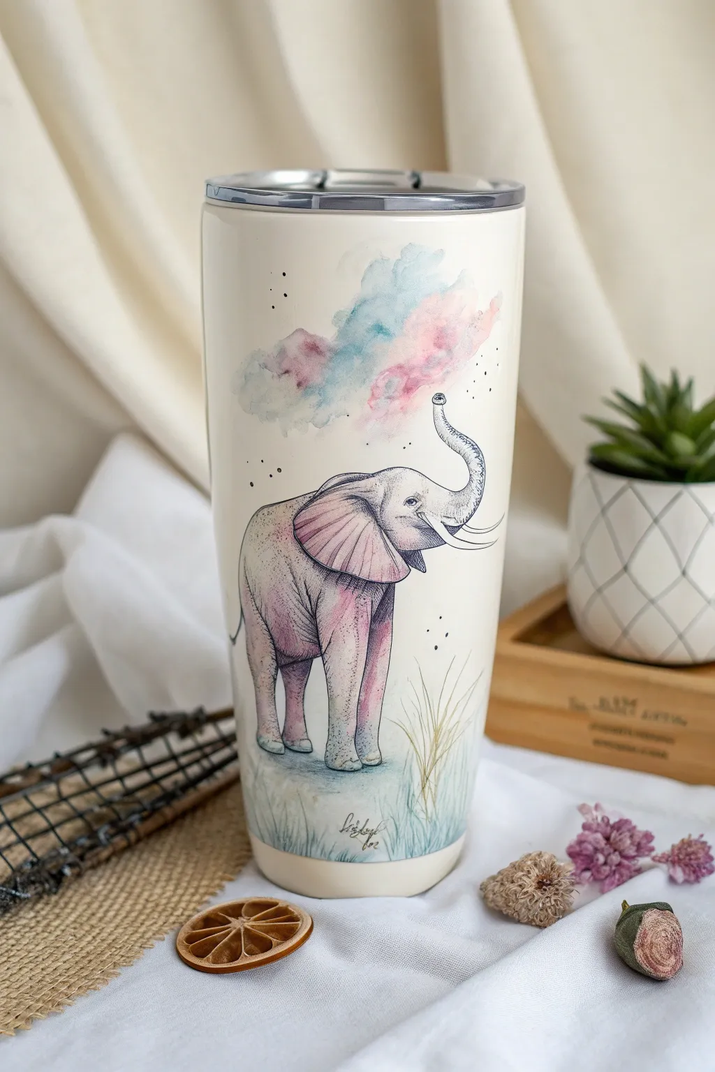 Embrace the gentle spirit with a whimsical watercolor elephant tumbler, where artistry meets Scandinavian simplicity.