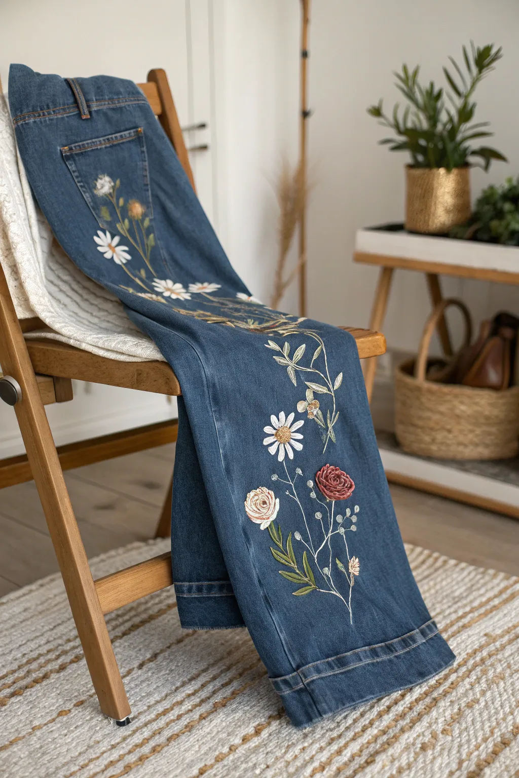 Elevate your denim with delicate floral embroidery for a touch of nature-inspired elegance.