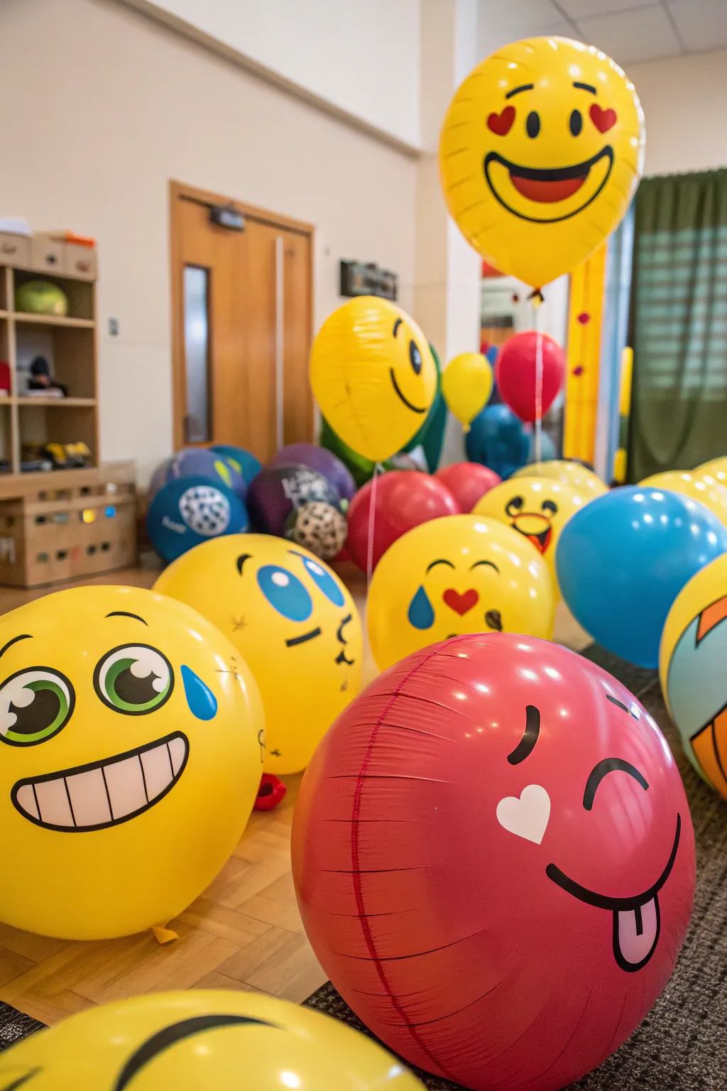 A room bursting with vibrant emoji balloons, setting a festive mood.
