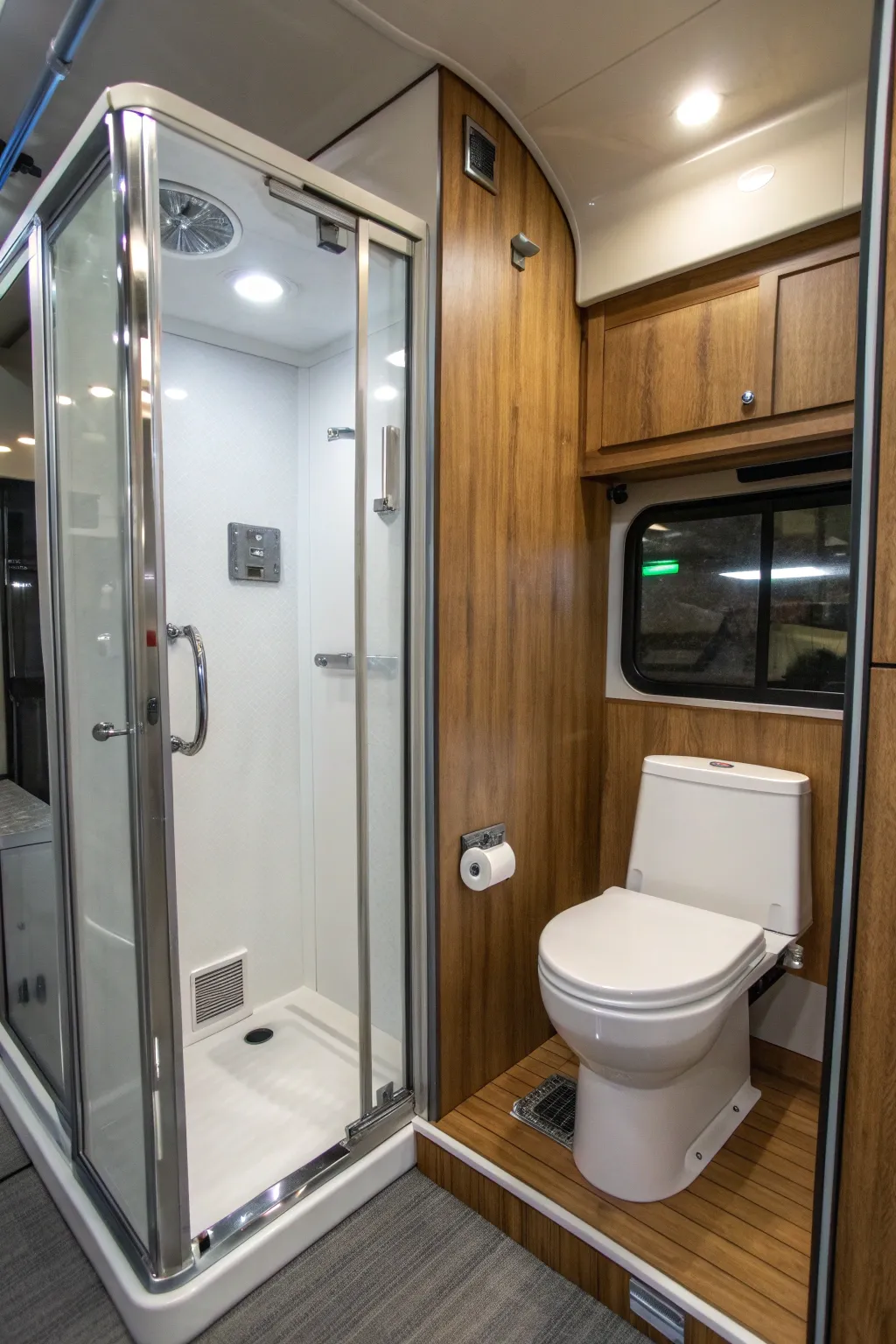 Experience luxury on the road with this compact shower and toilet combo, perfect for maximizing space without compromising style.