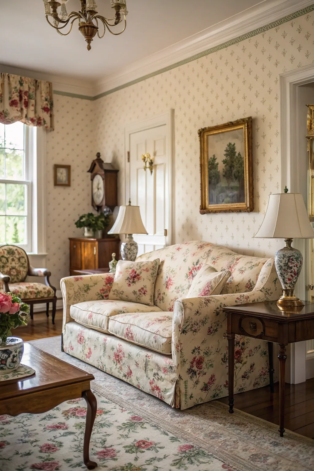Floral patterns breathe life into a country-inspired living area.