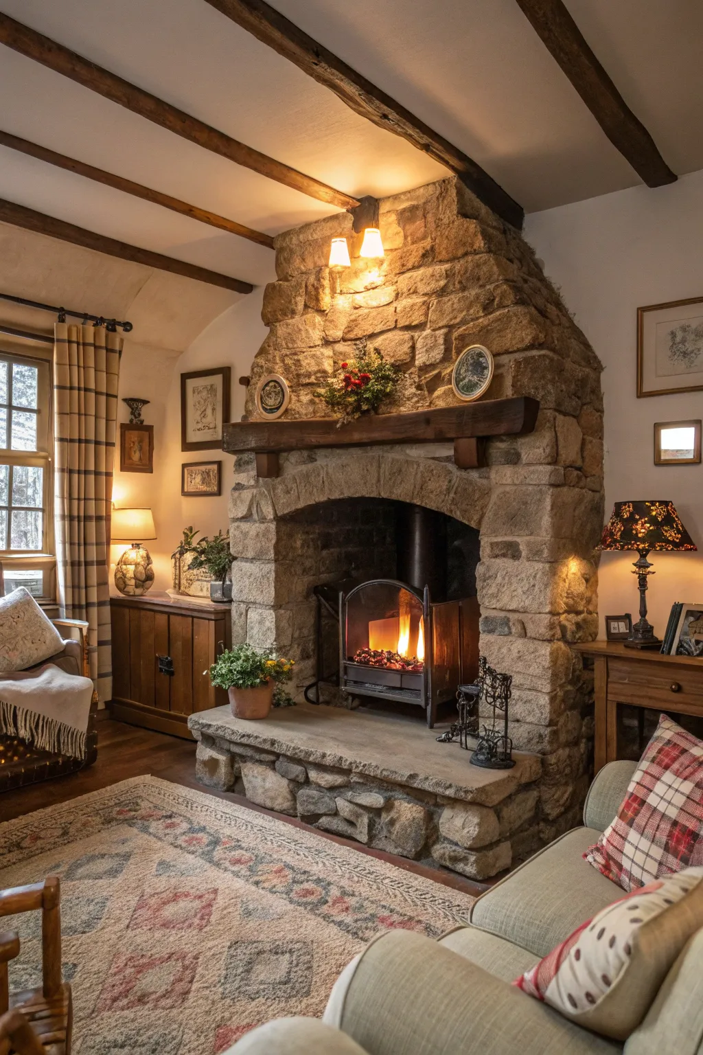 A rustic stone fireplace creating a warm and inviting cottage atmosphere.