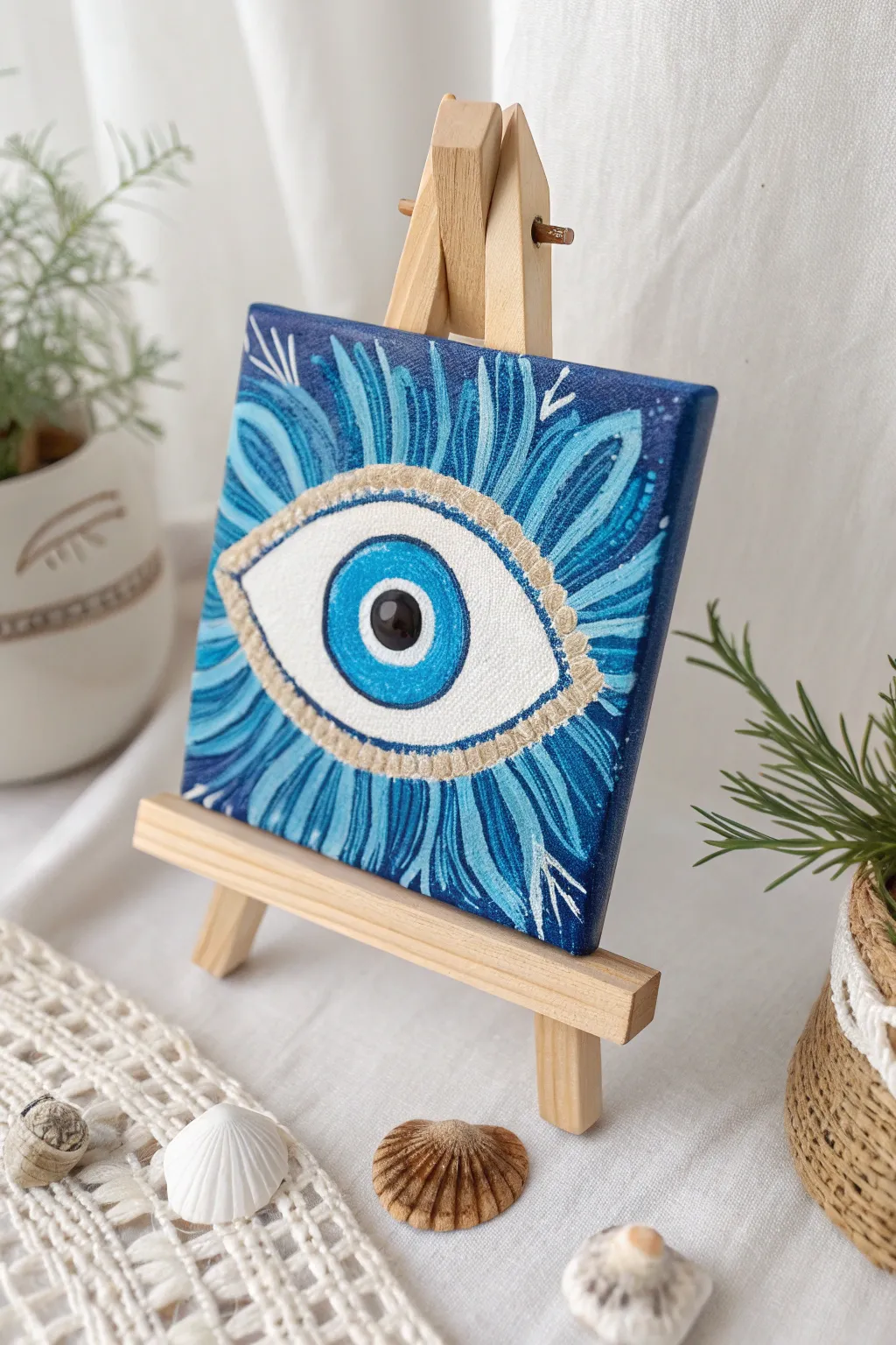 Embrace serenity with a classic blue and white evil eye painting, perfect for adding a touch of coastal charm to any space.