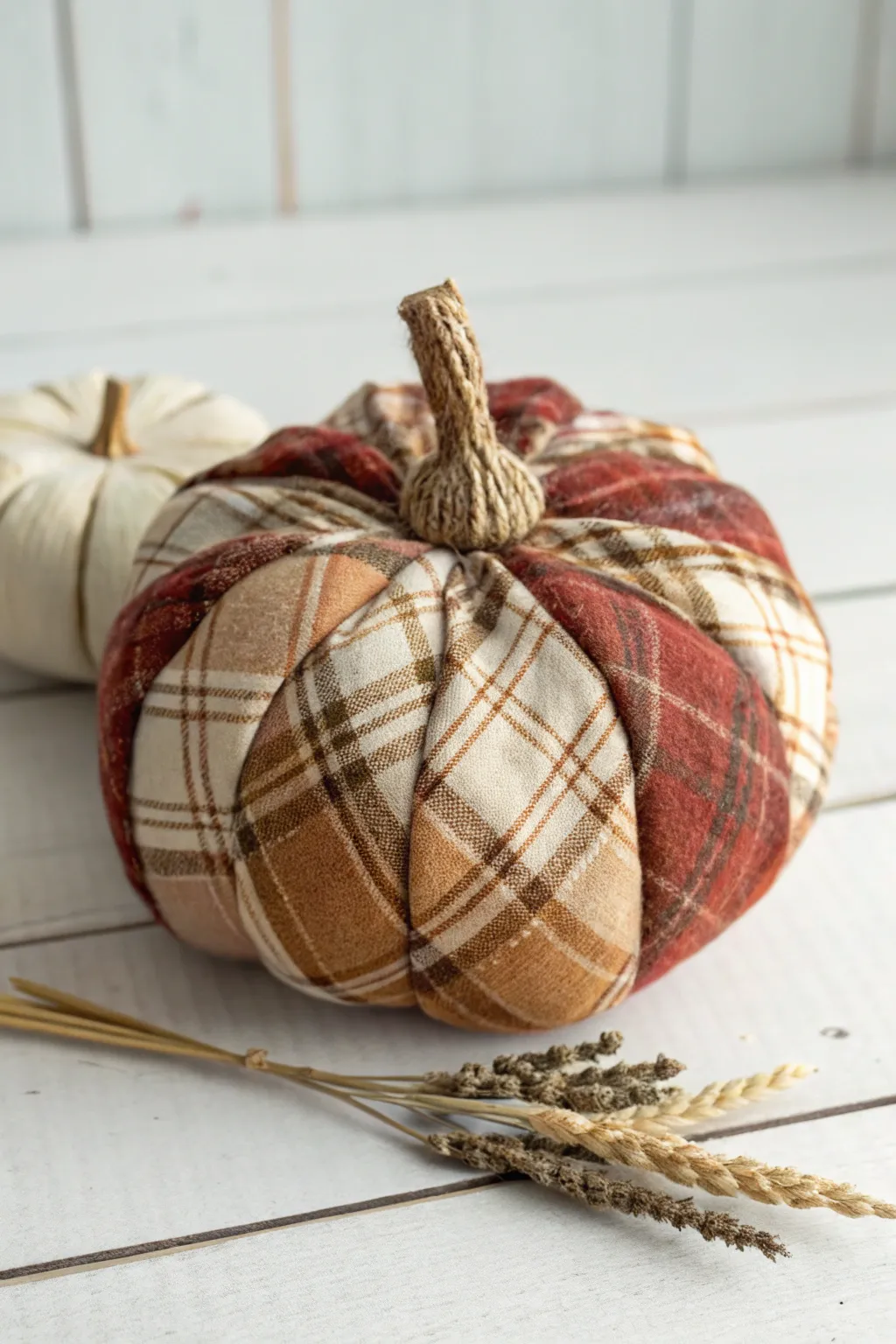 Elevate your fall decor with this charming plaid pumpkin, crafted from an old flannel for a cozy, rustic touch.