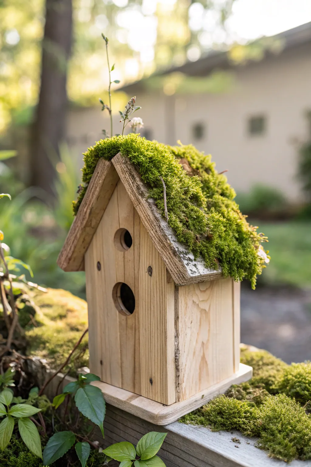 Discover the woodland charm of a moss-covered birdhouse, perfect for your nature-inspired sanctuary.
