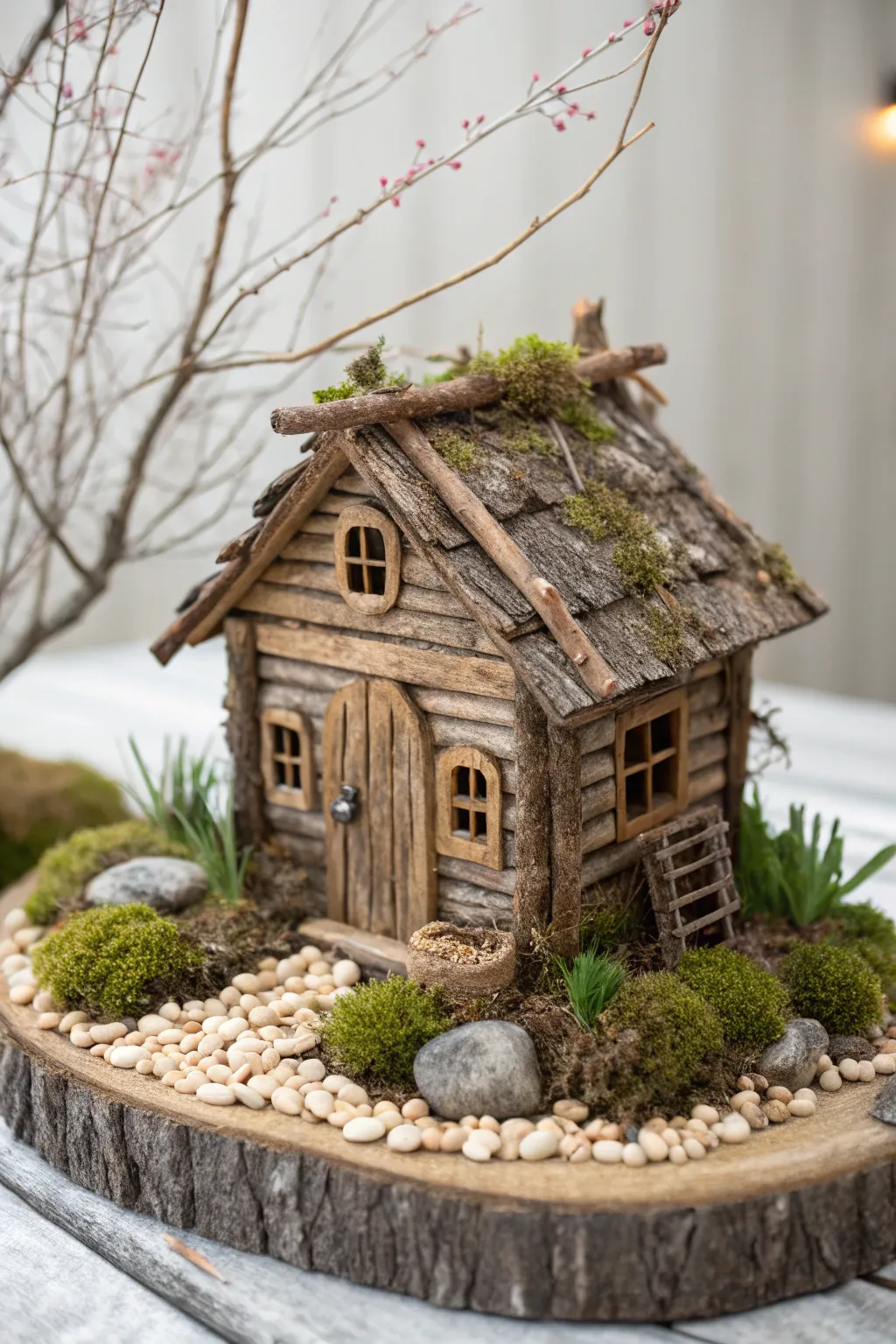 Enchanting rustic retreat: a fairy's dream cabin crafted from nature's own treasures.