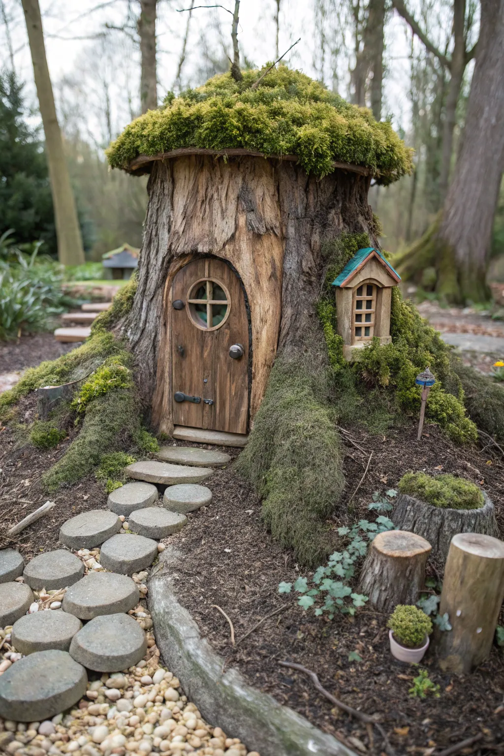 A tree stump transformed into a charming fairy house.