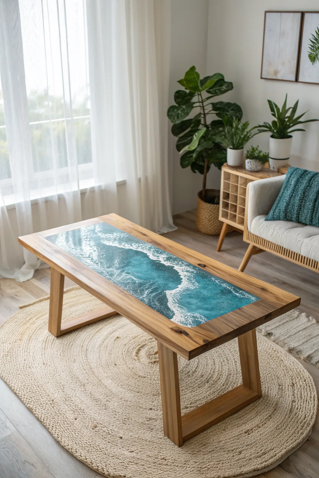 Dive into elegance with this exquisite resin river table, where craftsmanship meets natural beauty.