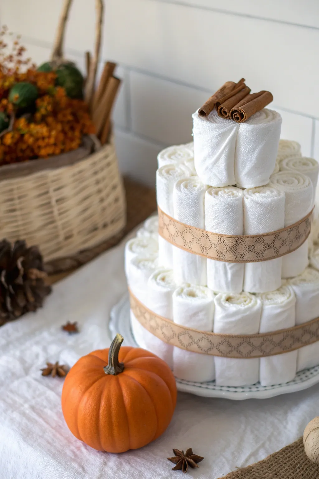 Capture the essence of autumn elegance with this Pumpkin Spice Diaper Cake, a perfect blend of minimalist beauty and boho charm.