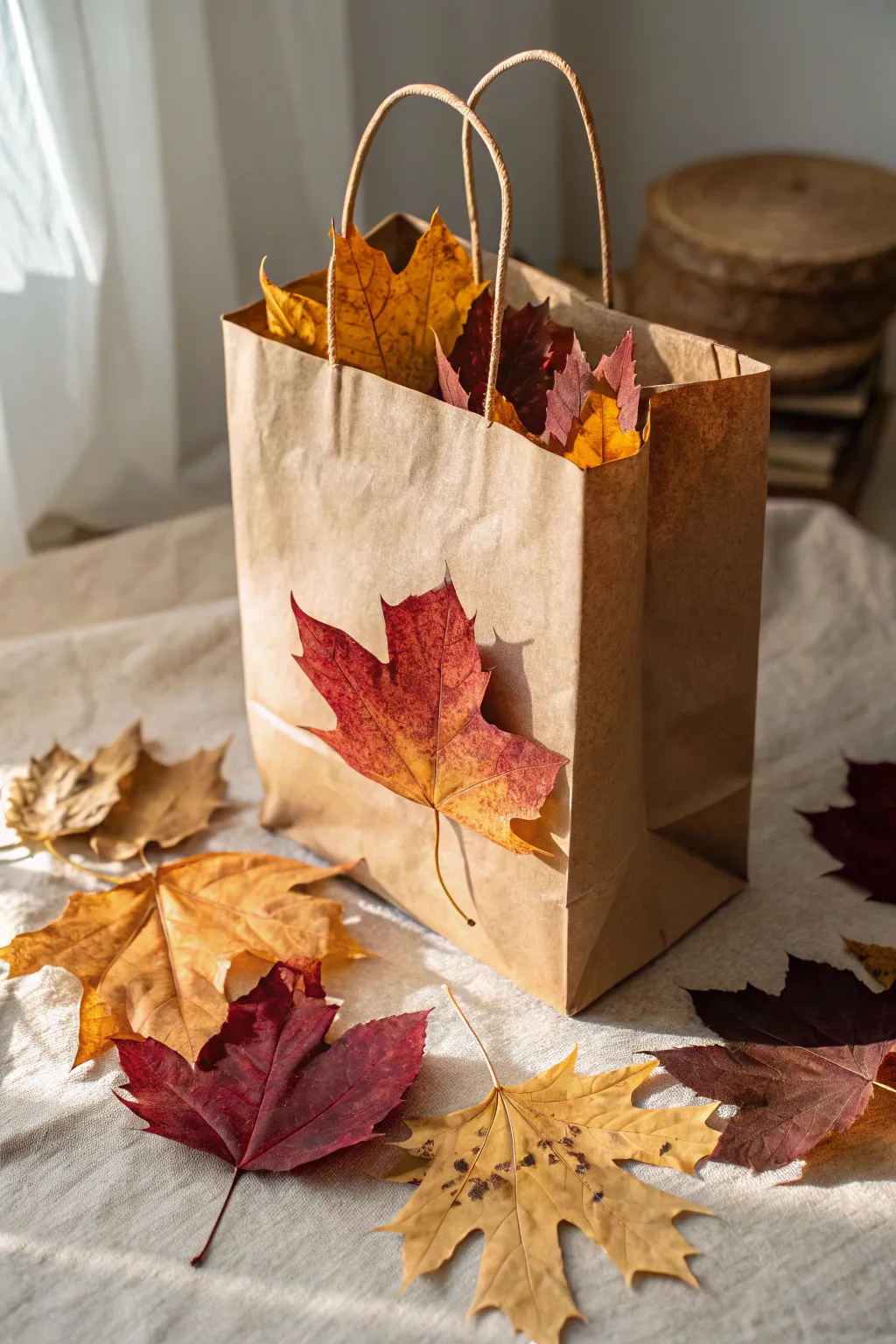 Embrace the beauty of fall with handcrafted leafy kraft bags, perfect for autumnal gifts!