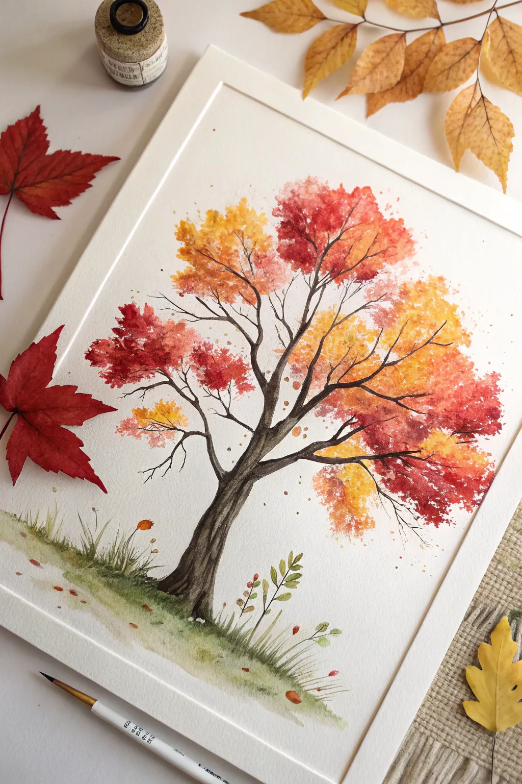 Capture the essence of fall with a minimalist watercolor masterpiece of autumn trees.