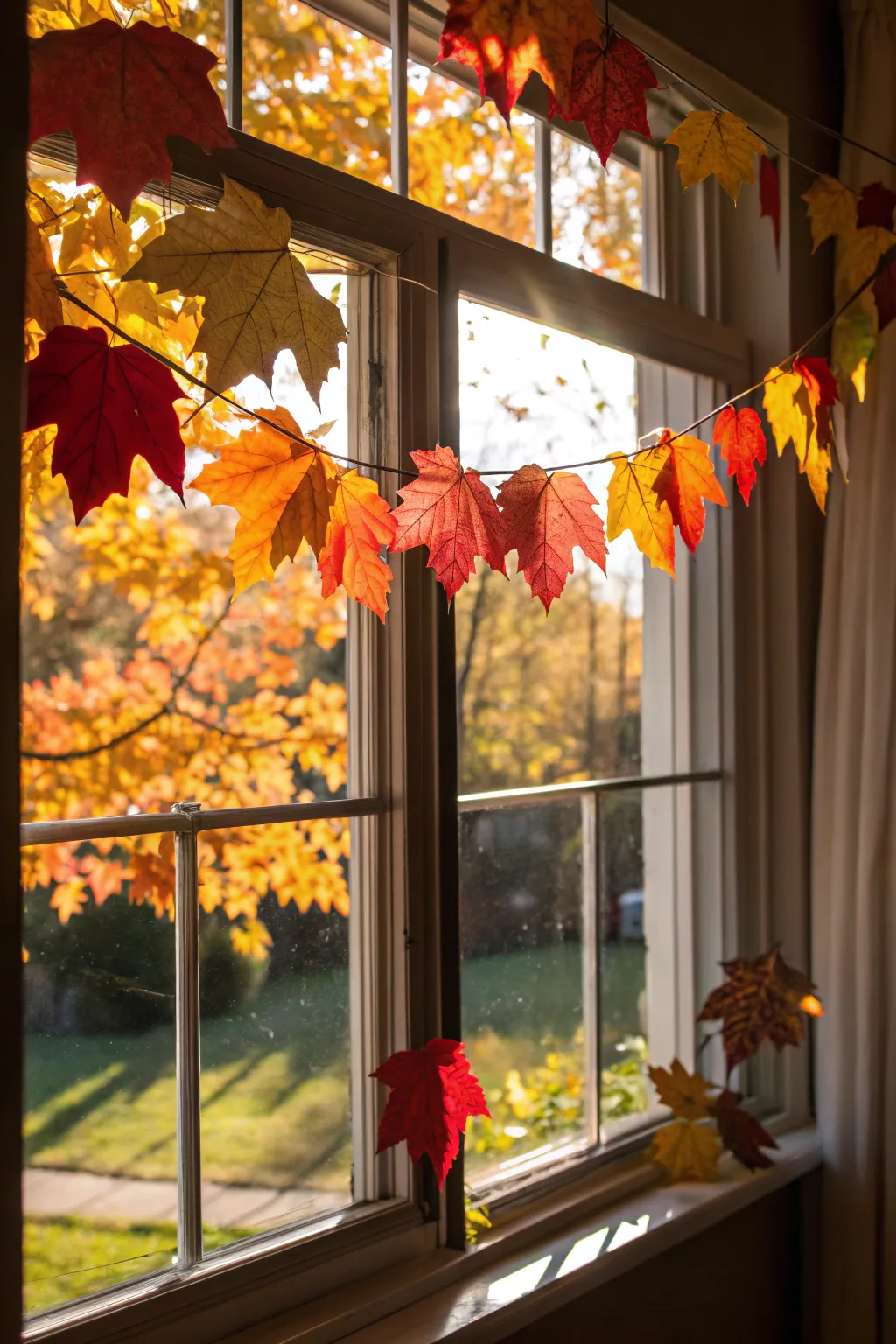 A window adorned with a vibrant garland of autumn leaves.