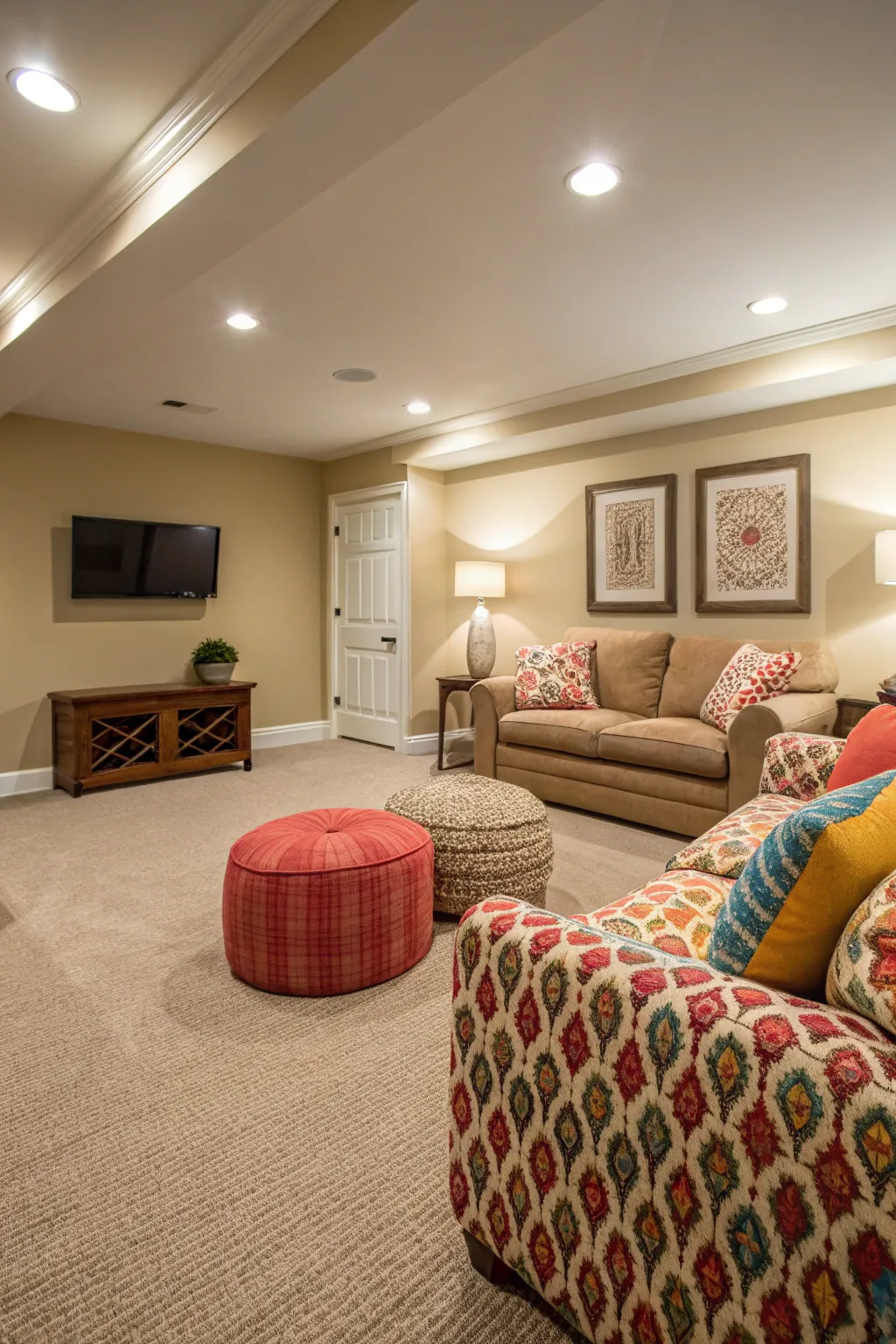 Neutral carpet sets a serene tone, allowing colorful decor to shine.