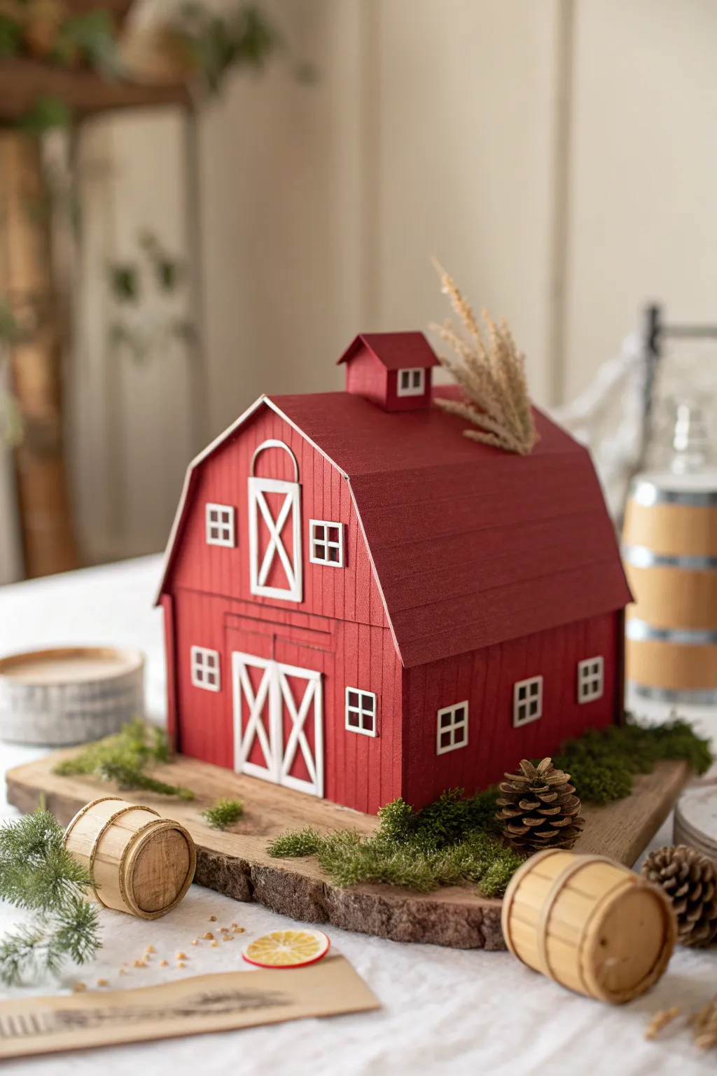 Embrace rustic charm with this handcrafted red barn centerpiece.