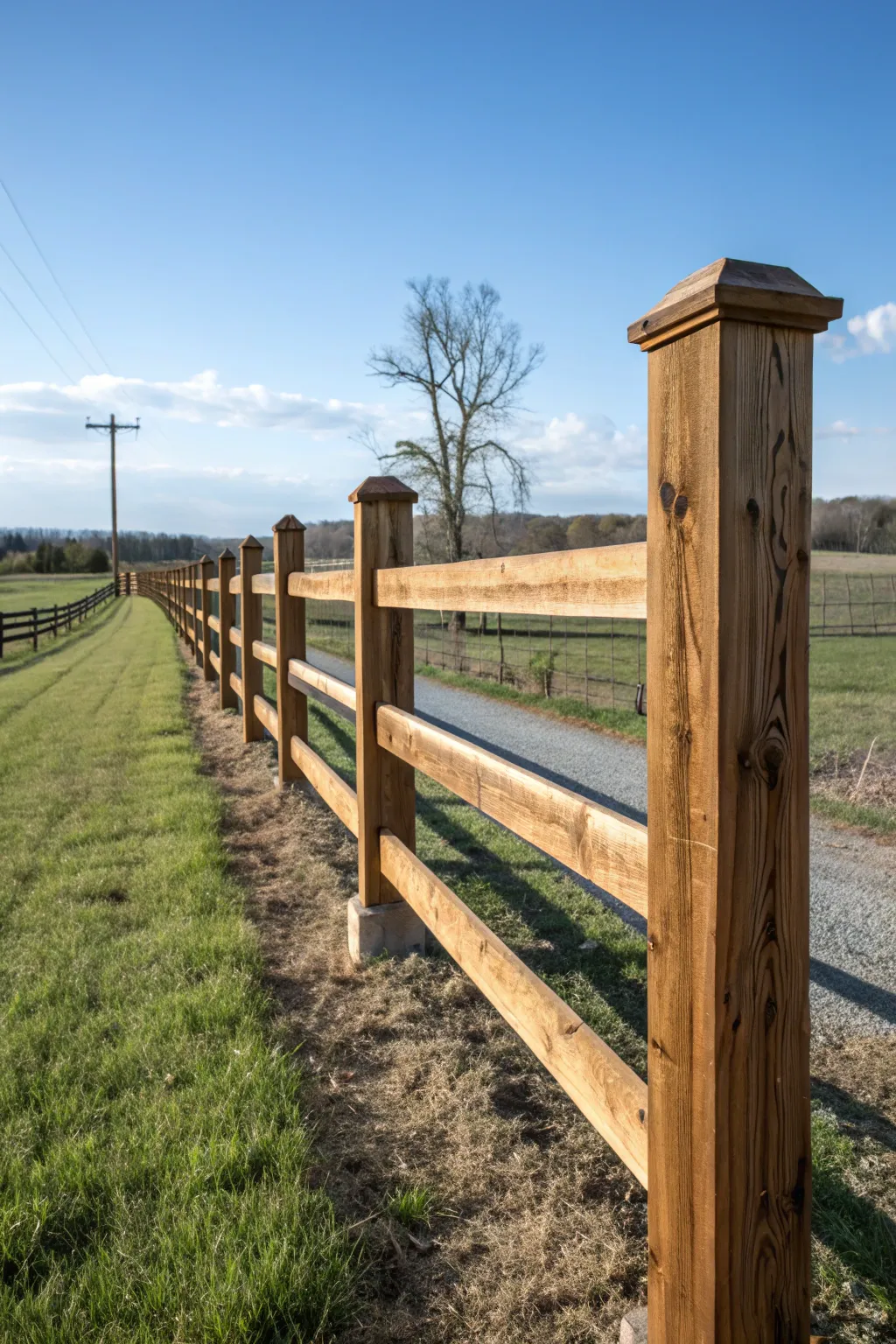 Timeless elegance meets functionality: a classic post and rail fence that defines rural charm and craftsmanship.