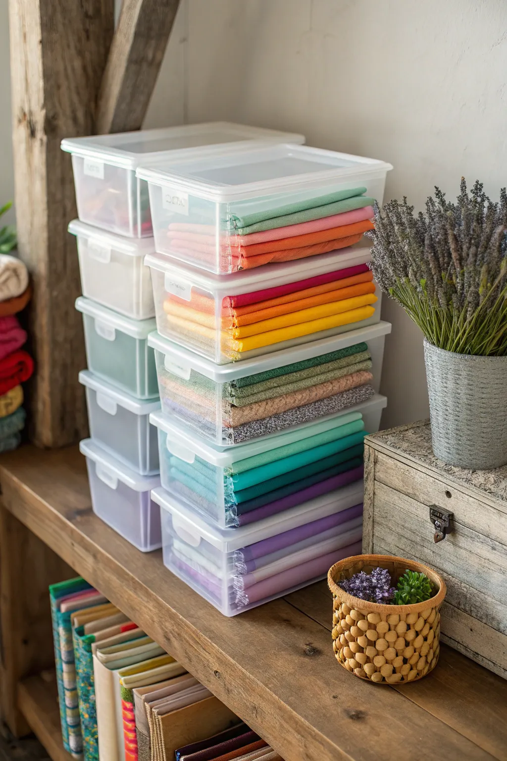 Discover the art of organized elegance with clear plastic bins, perfect for showcasing your vibrant fat quarter collection.