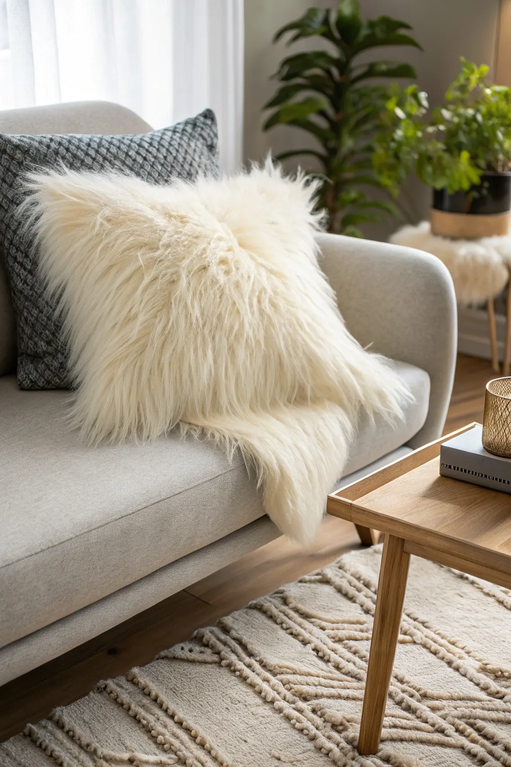 Add a touch of cozy elegance to your living room with luxurious faux fur pillows, perfect for those chilly winter afternoons.