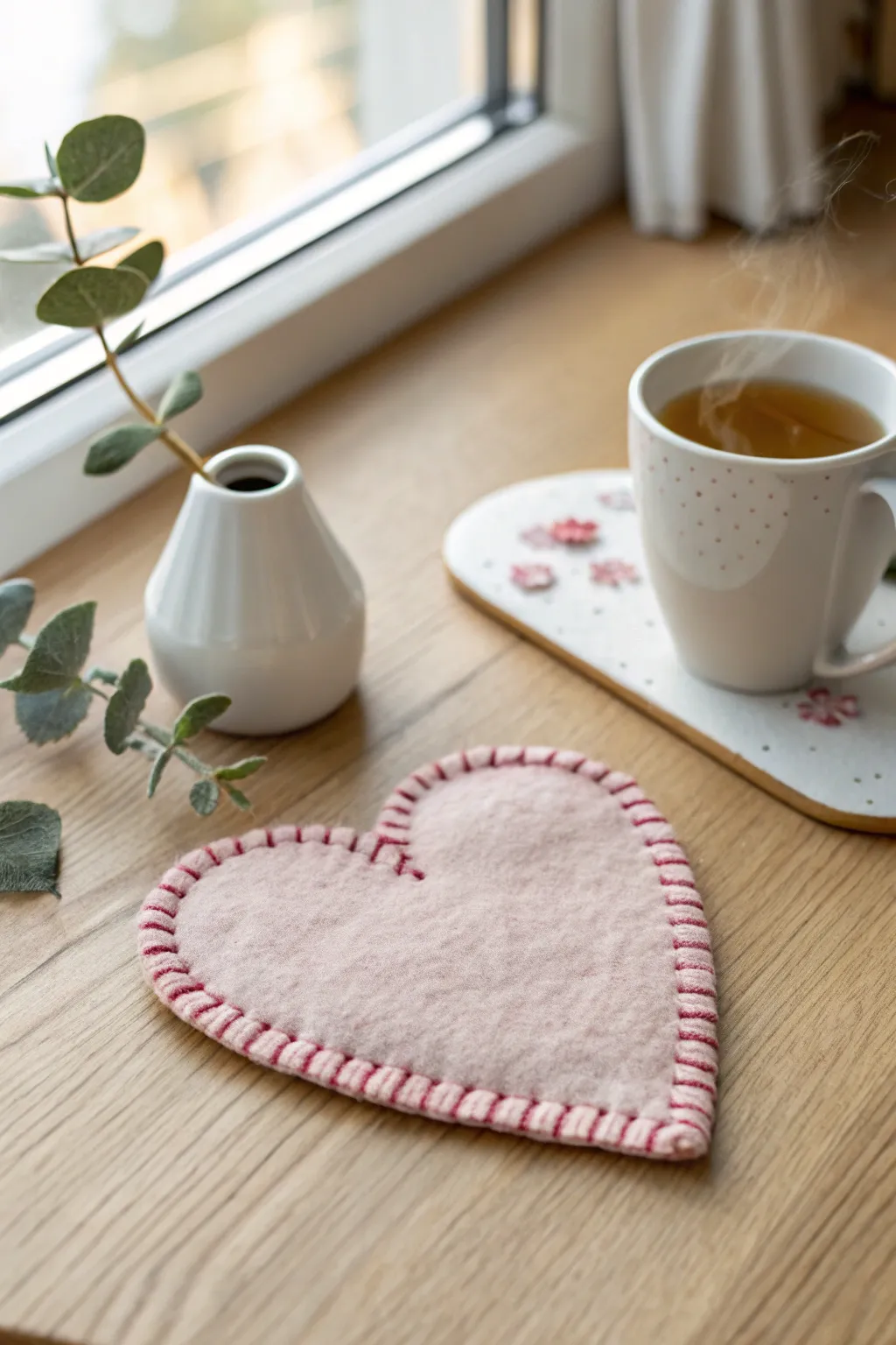 Add a touch of love and craftsmanship to your home with handmade heart-shaped felt coasters. Perfect for a cozy Valentine's Day setting!