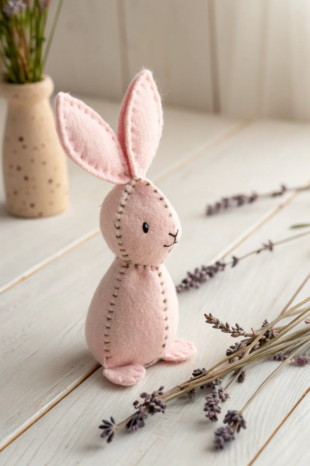 Whimsical charm meets minimalist elegance with this delightful felt bunny figure.