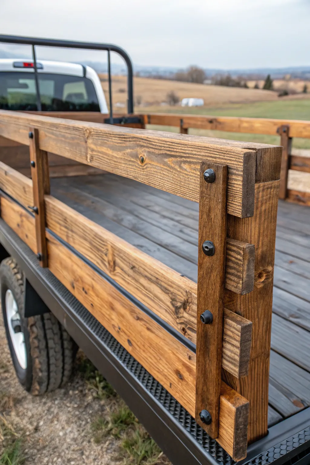 Enhance your truck with the timeless charm of rustic wood rails, where craftsmanship meets rugged elegance.