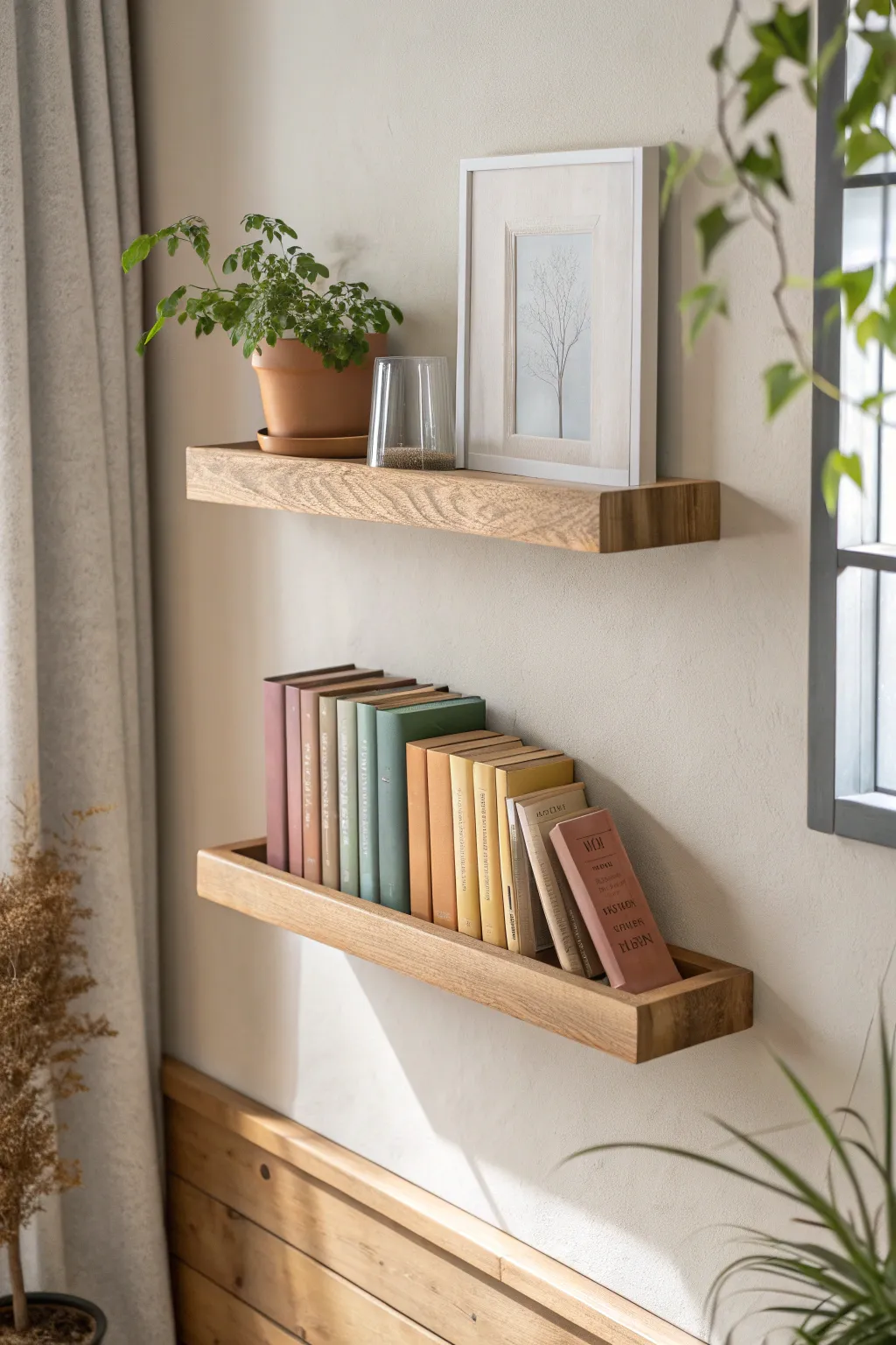 Transform your walls into a living library with minimalist floating shelves.