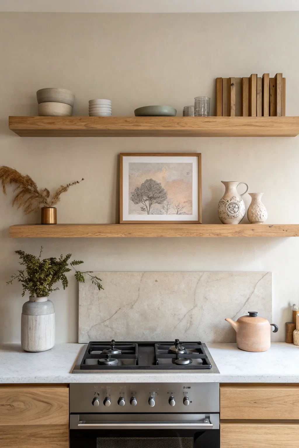 Transform your kitchen into an artful space with elegant floating shelves above the stove, showcasing minimalist beauty and creative flair.