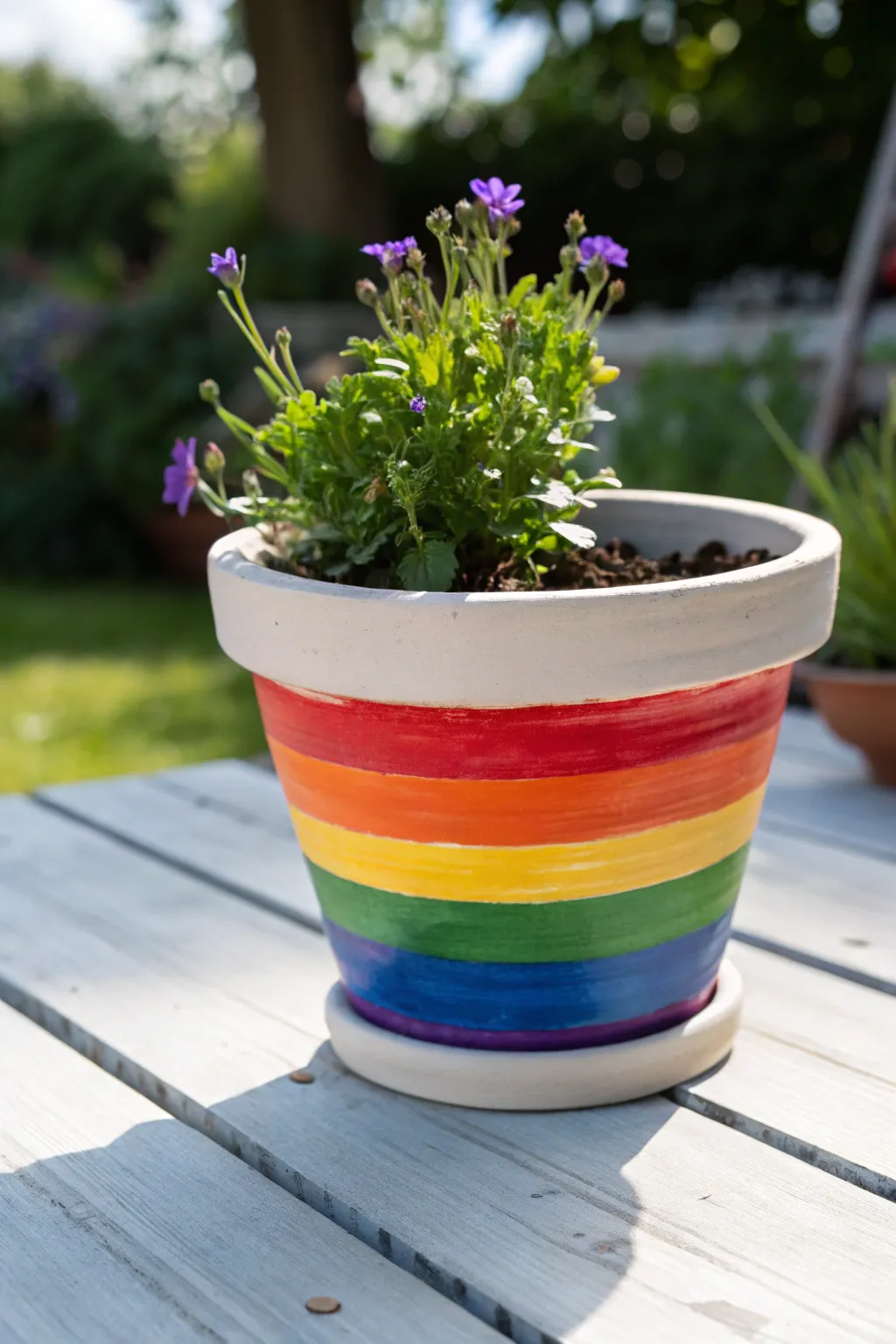 Add a splash of color to your garden with these charming rainbow-striped flower pots!