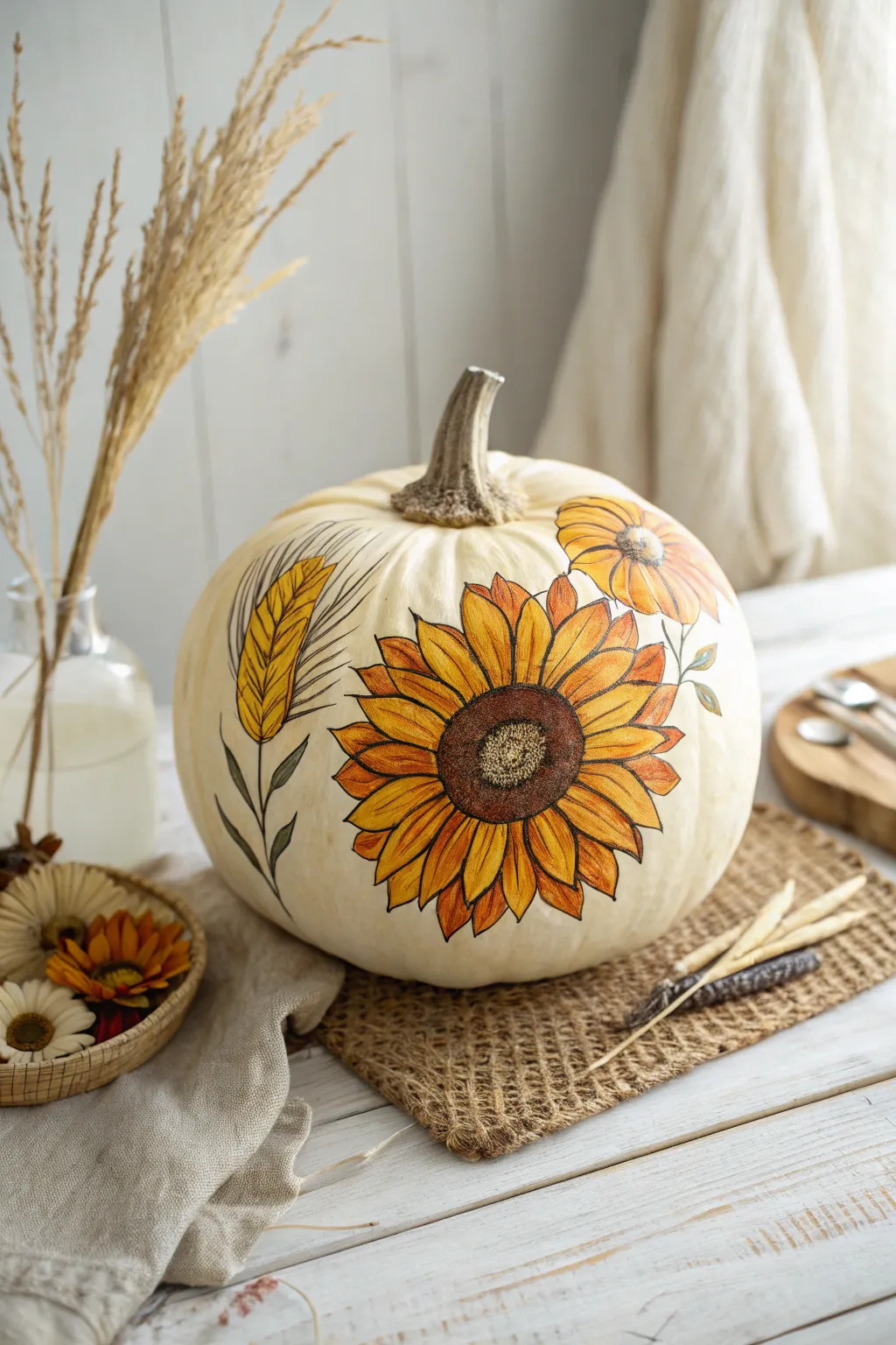 Embrace fall with a touch of artistry: Sunflower-painted pumpkin magic.