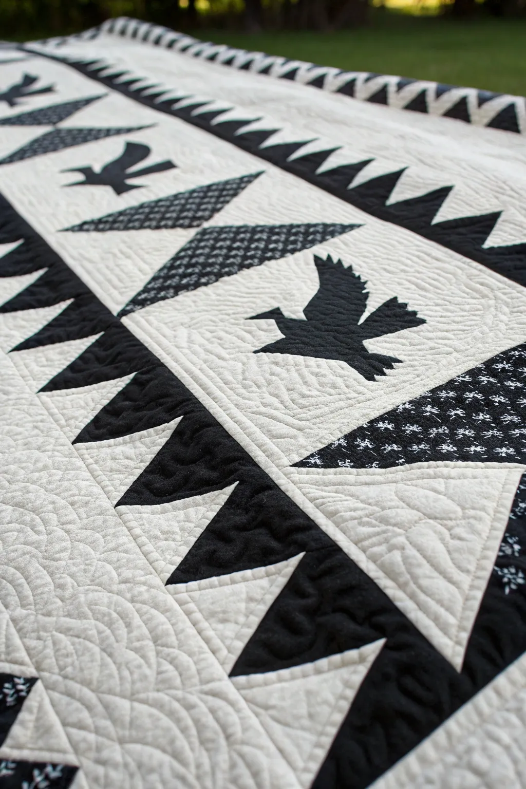 A quilt showcasing a bold black and white flying geese border.