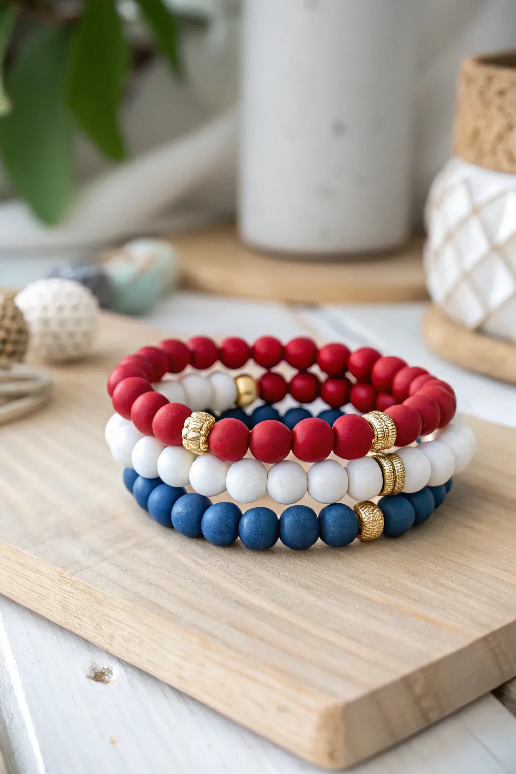 Celebrate in style with these timeless red, white, and blue clay bead bracelets, perfect for a touch of festive flair.