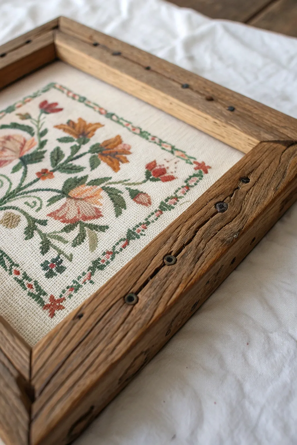 Embrace the artistry of rustic elegance with beautifully framed needlepoint creations. 🌿✨