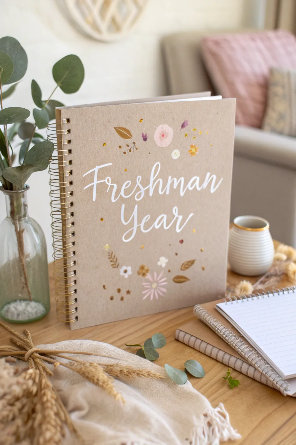 Craft your story: a personalized scrapbook cover that brings your freshman year to life with Boho charm and minimalist elegance.