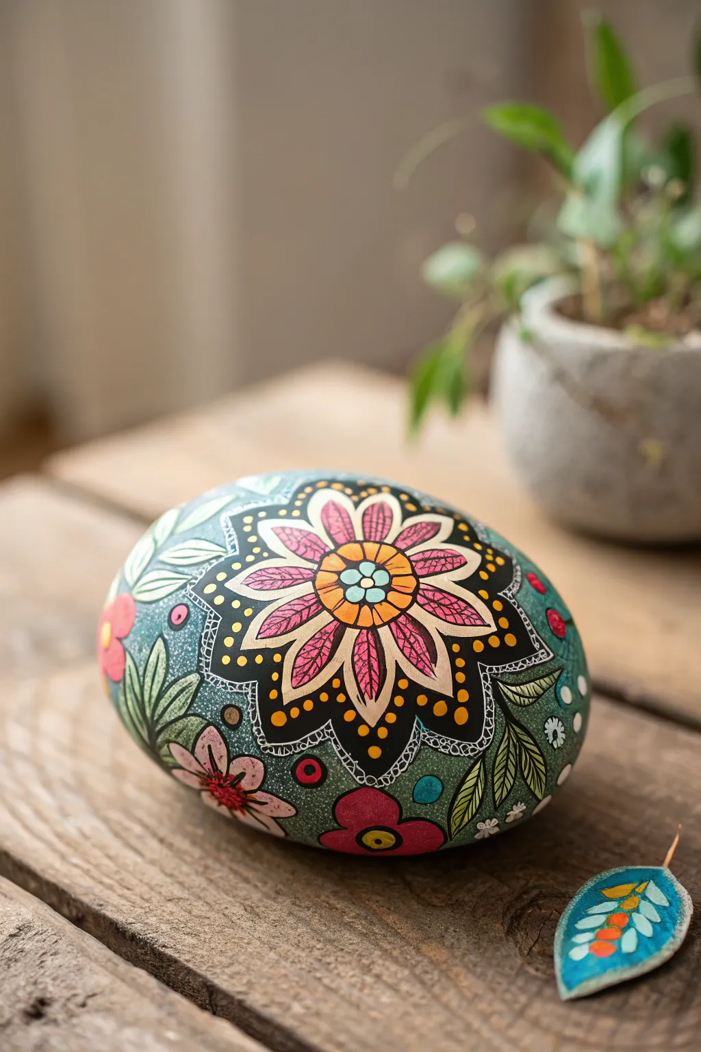 Bring a touch of whimsy to your home with this Scandinavian-inspired painted rock art. Perfect for adding a splash of color and creativity to your garden or living space!