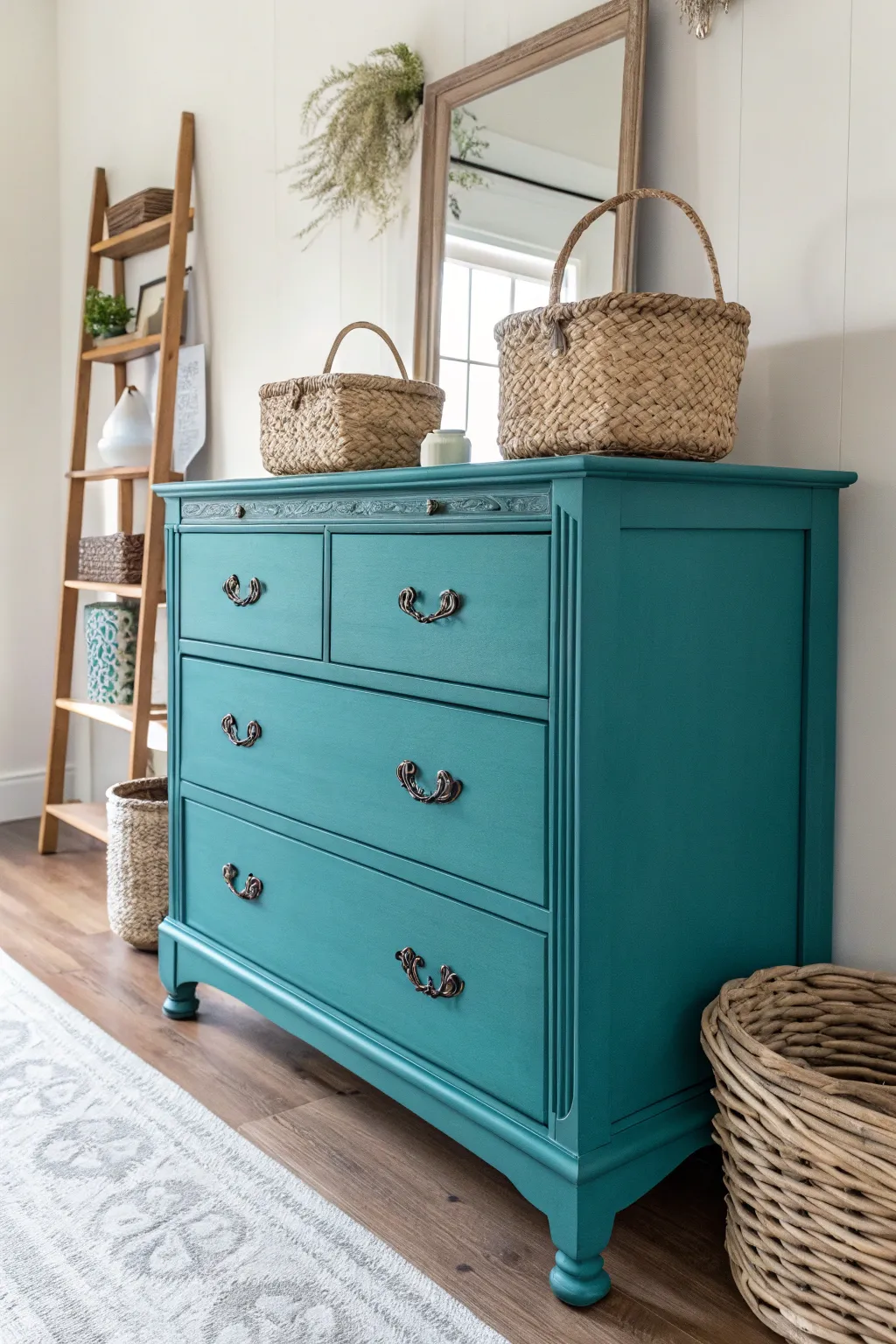 Elevate your space with a bold teal dresser makeover, where Scandinavian minimalism meets boho charm.