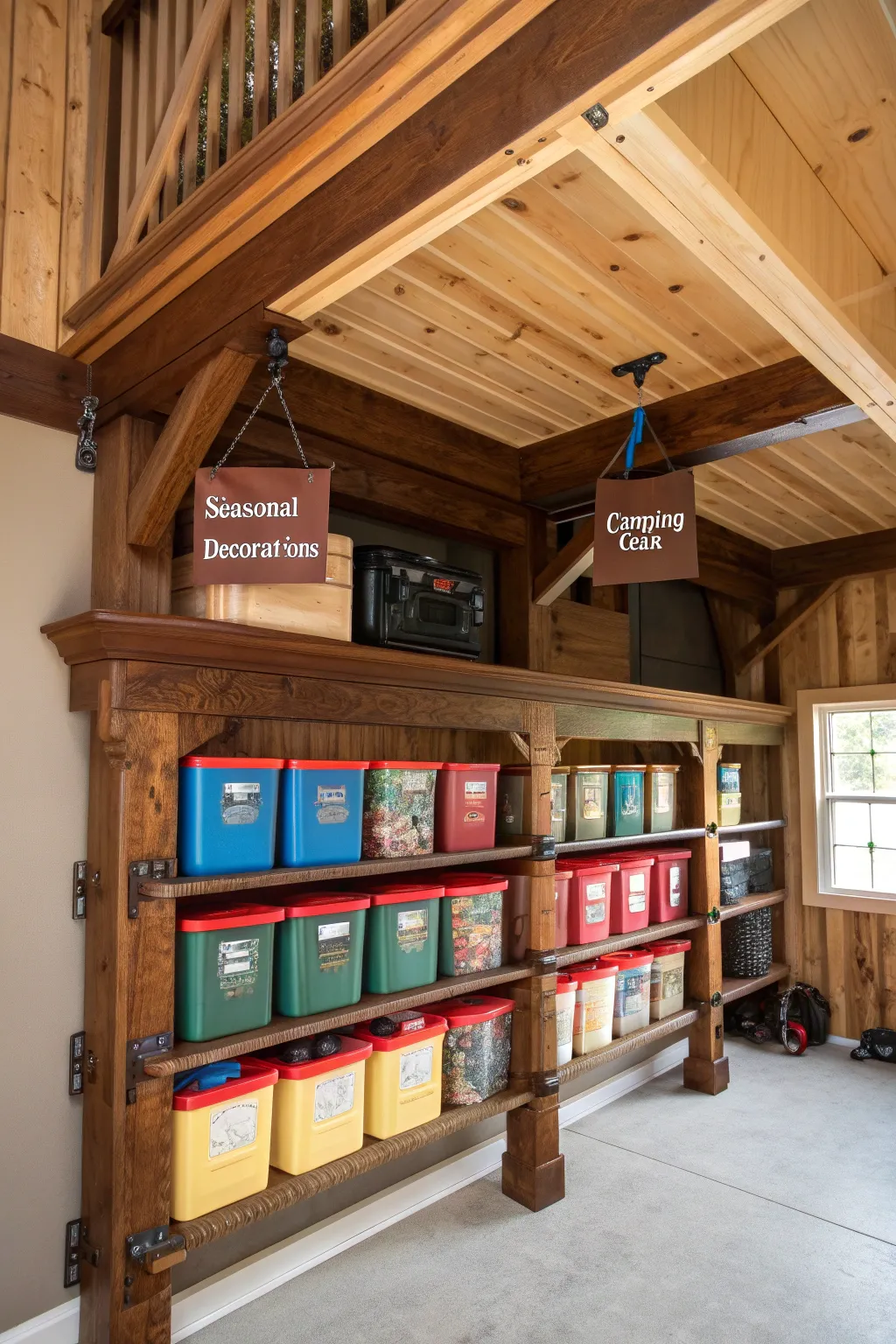 Maximize your garage space with beautifully crafted overhead shelving for all your seasonal needs. 🛠️📦 #GarageOrganization #Craftsmanship