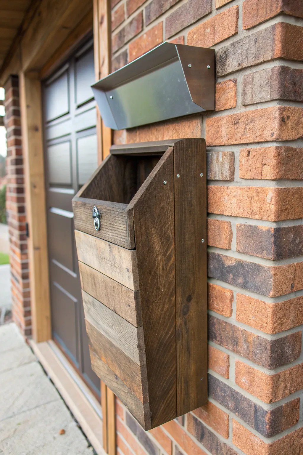 Elevate your garage space with stylish wall-mounted recycling bins crafted from reclaimed materials.